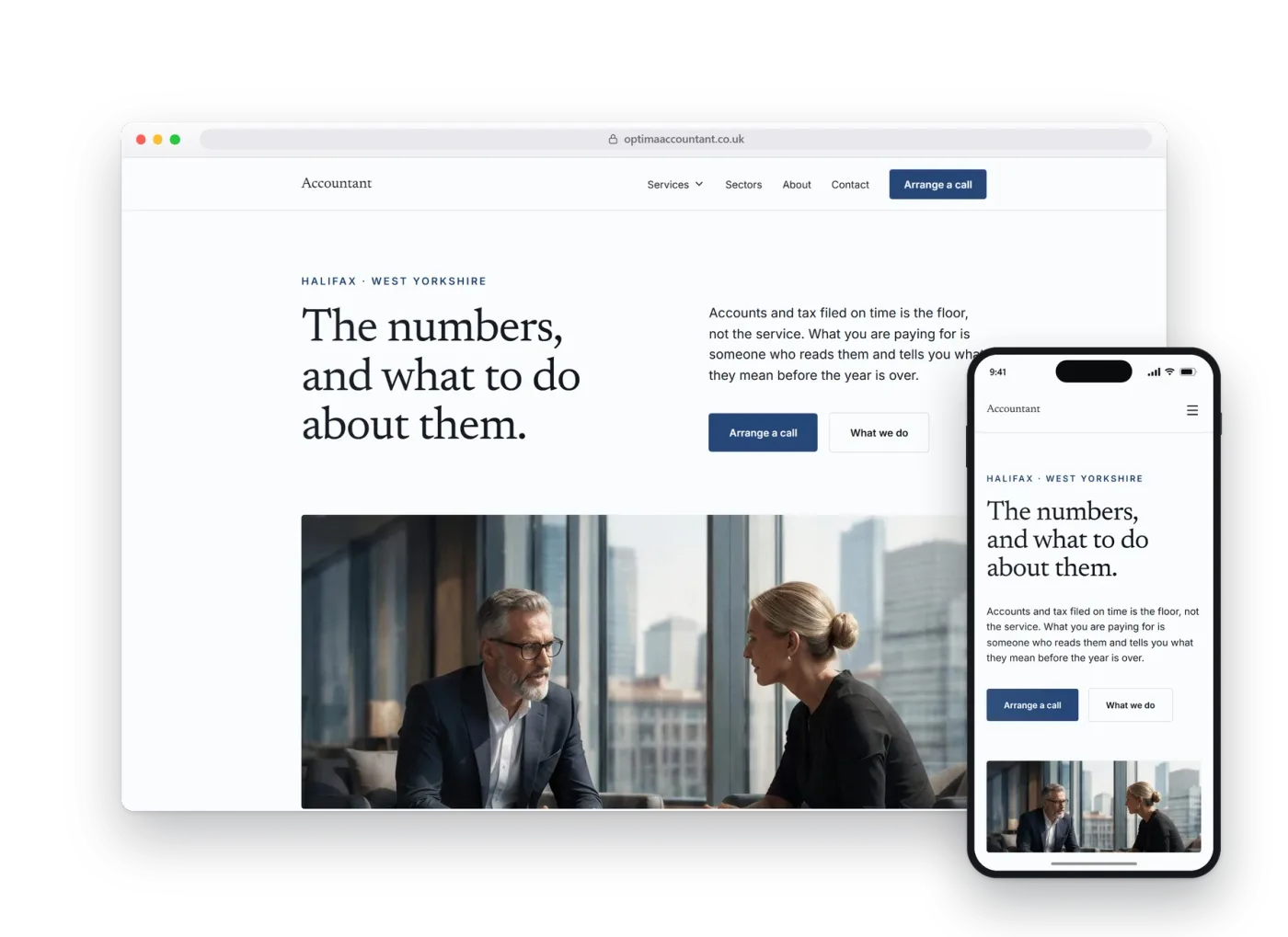 The Optima preview build for accountants, shown on a desktop browser and a phone