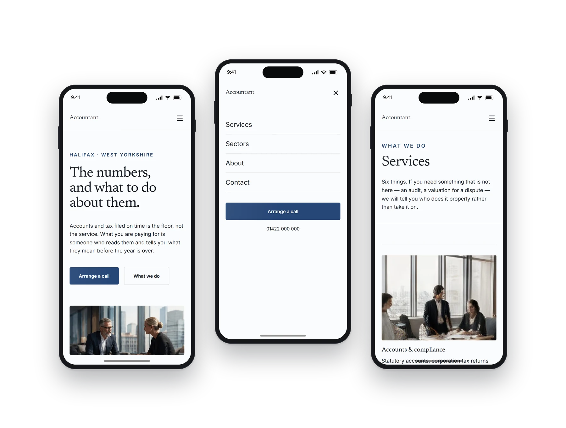 The Optima accountants build on a phone: the home screen, the menu open, and a second page