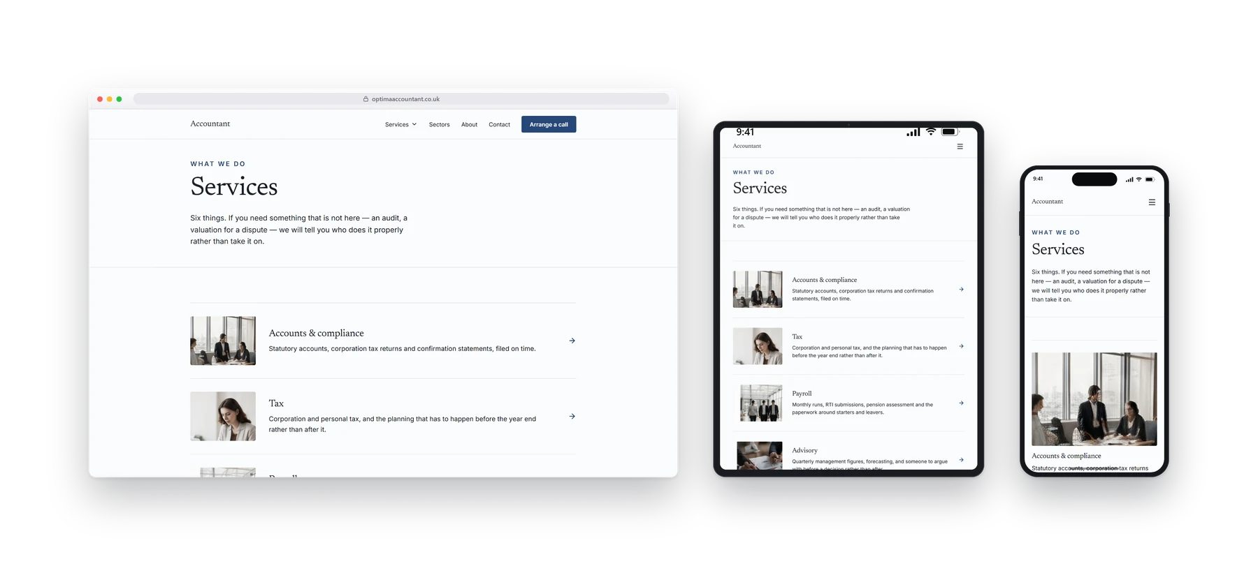 An inner page of the Optima accountants build shown on a desktop, a tablet and a phone