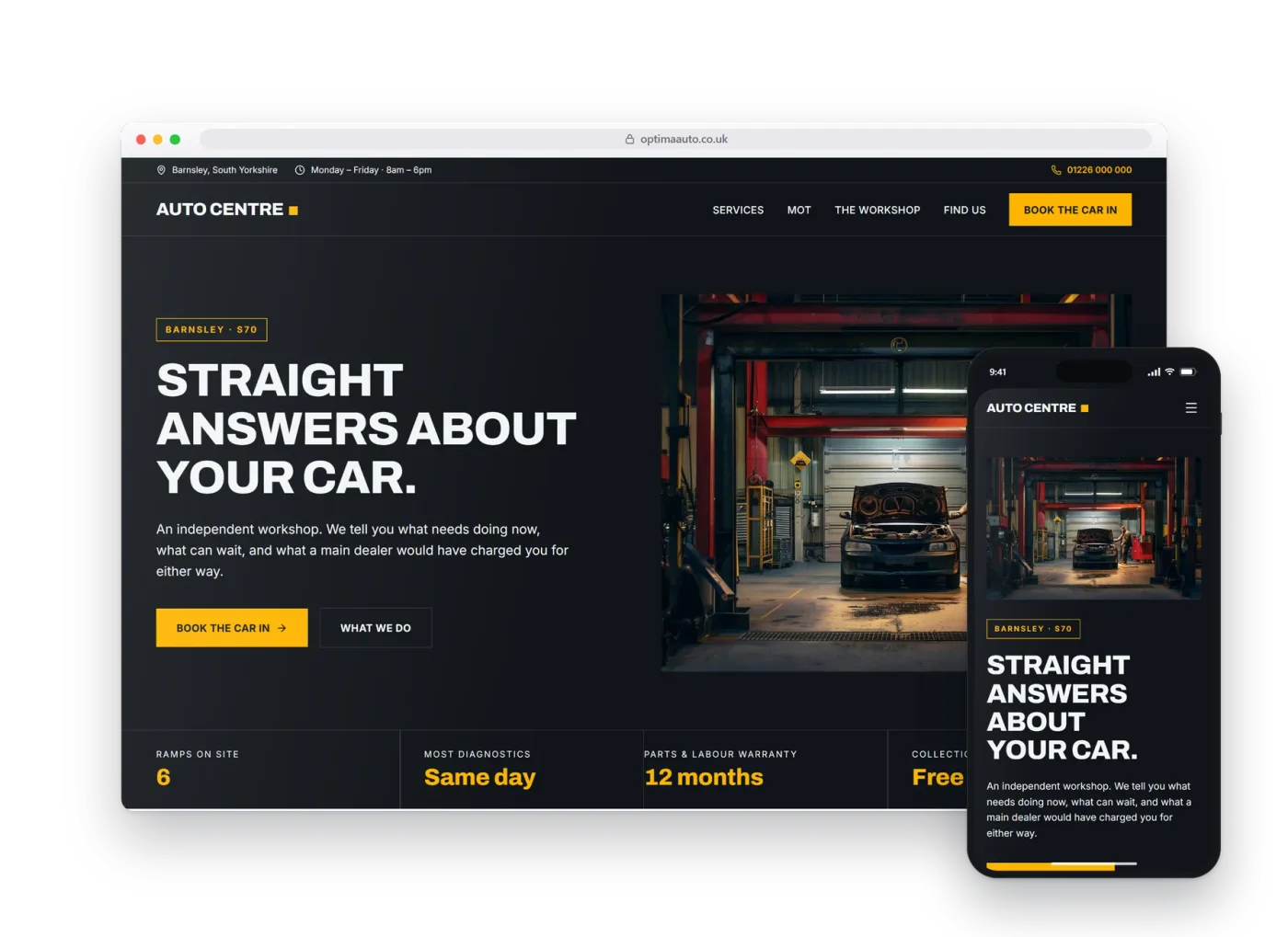 The Optima preview build for garages, shown on a desktop browser and a phone
