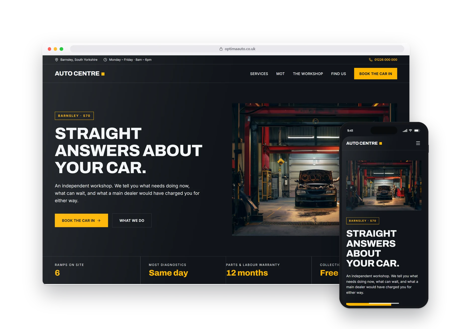 The homepage of the Optima garages build, on a desktop browser with a phone beside it