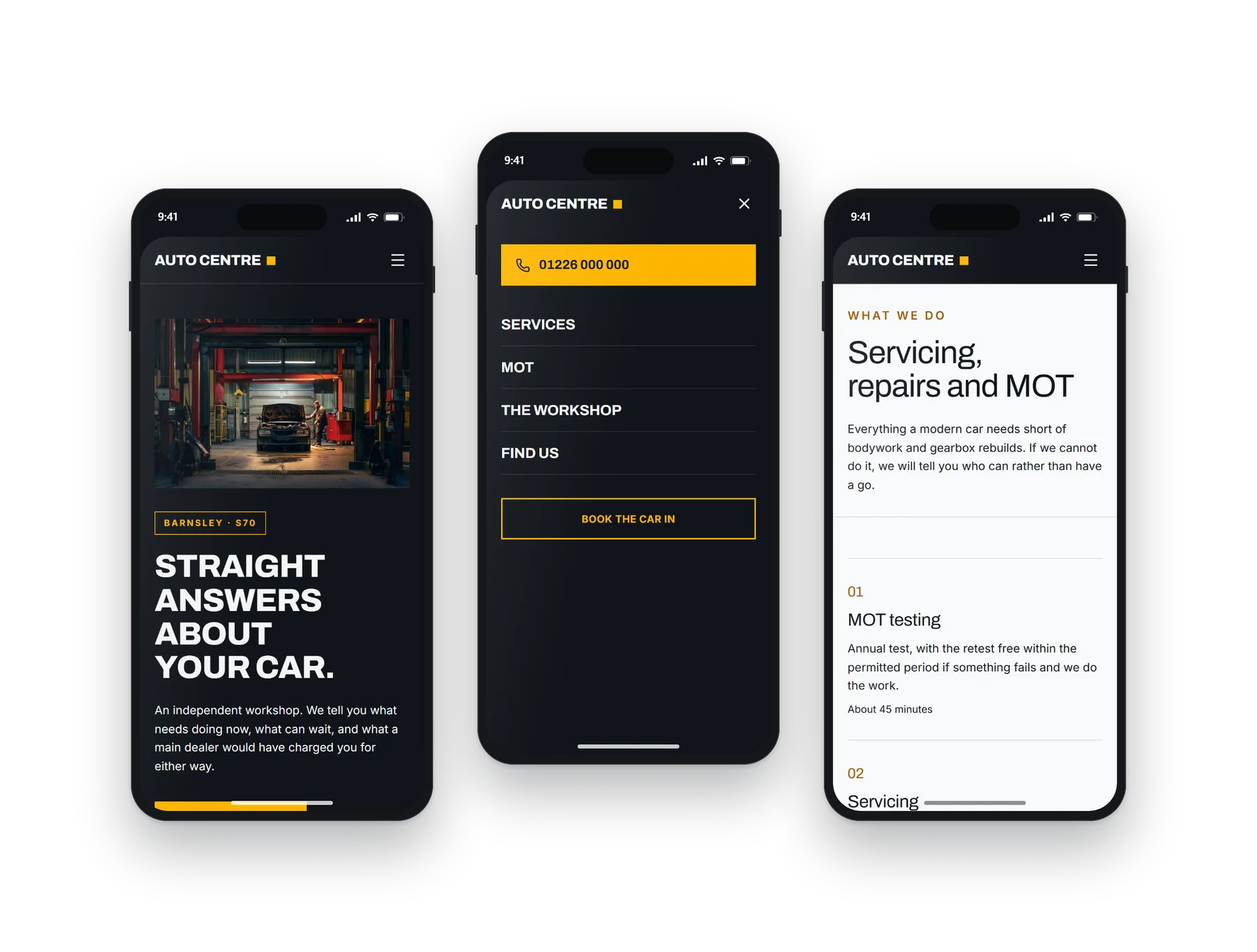 The Optima garages build on a phone: the home screen, the menu open, and a second page