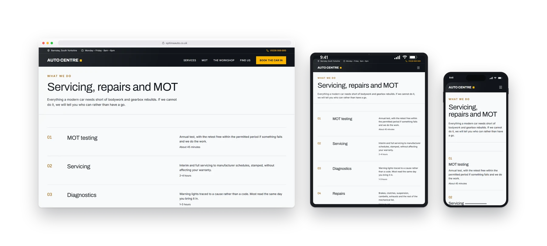 An inner page of the Optima garages build shown on a desktop, a tablet and a phone