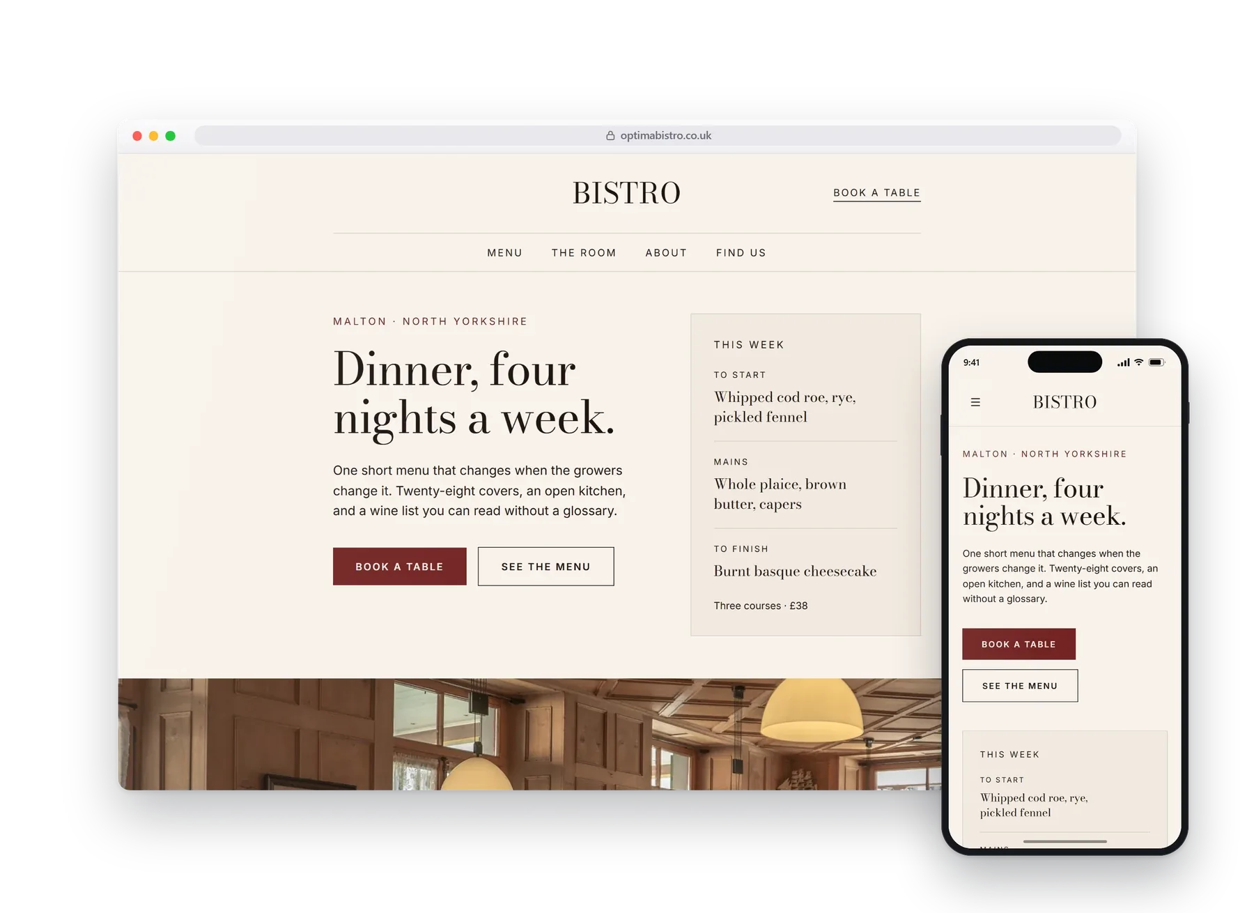 The homepage of the Optima restaurants build, on a desktop browser with a phone beside it