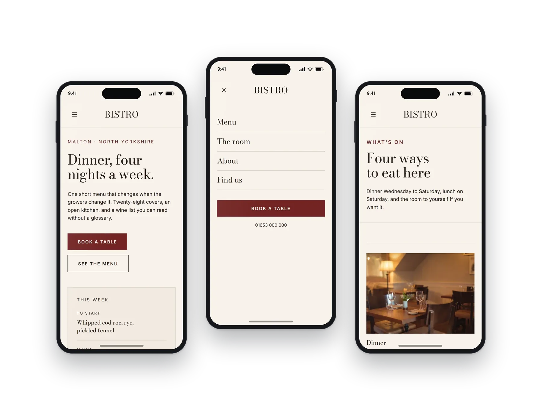 The Optima restaurants build on a phone: the home screen, the menu open, and a second page