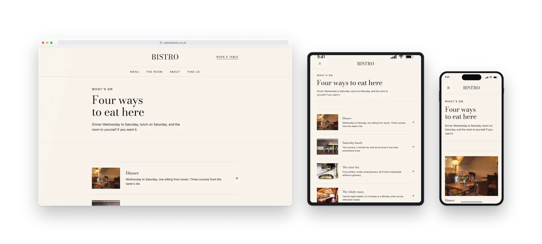 An inner page of the Optima restaurants build shown on a desktop, a tablet and a phone