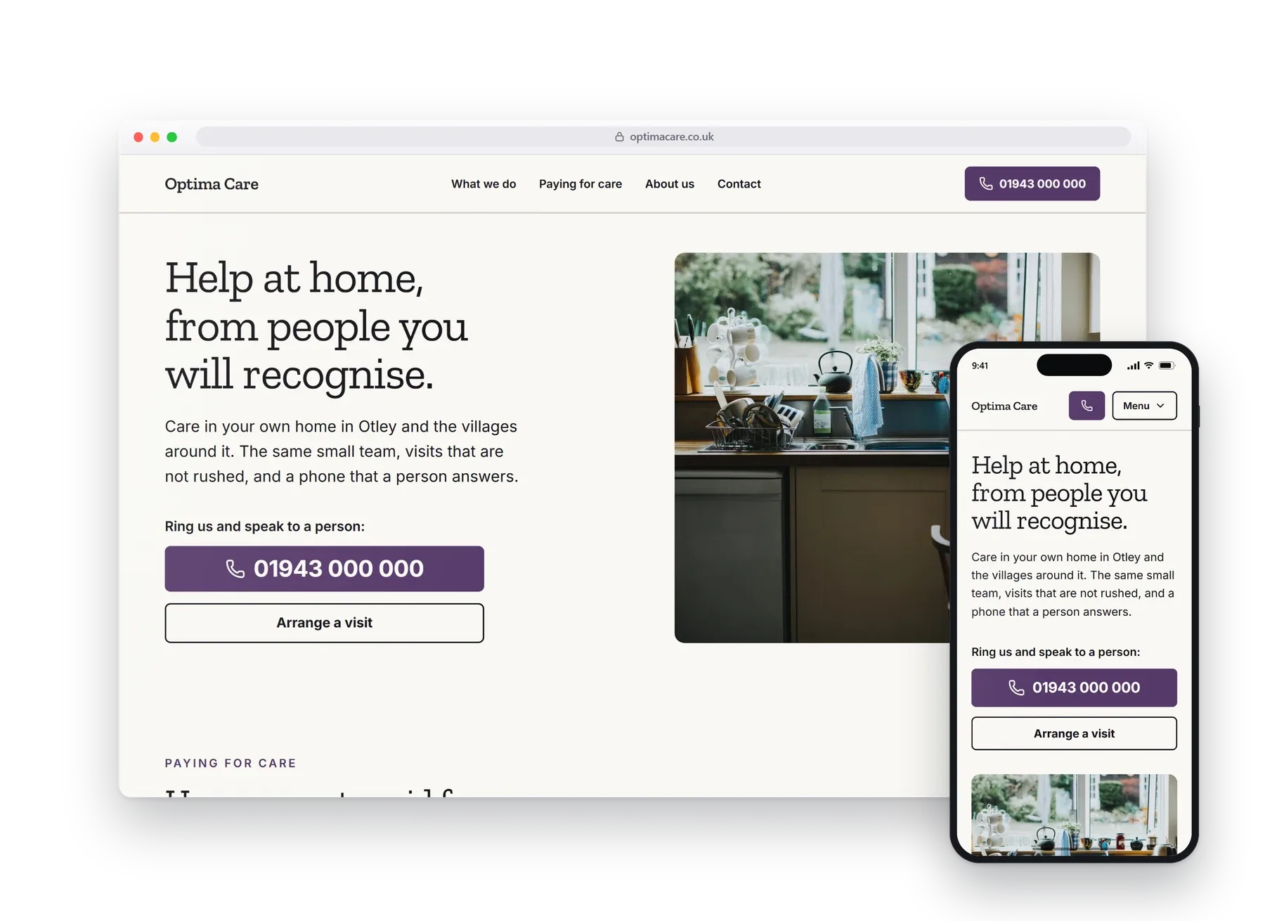 The homepage of the Optima care at home build, on a desktop browser with a phone beside it