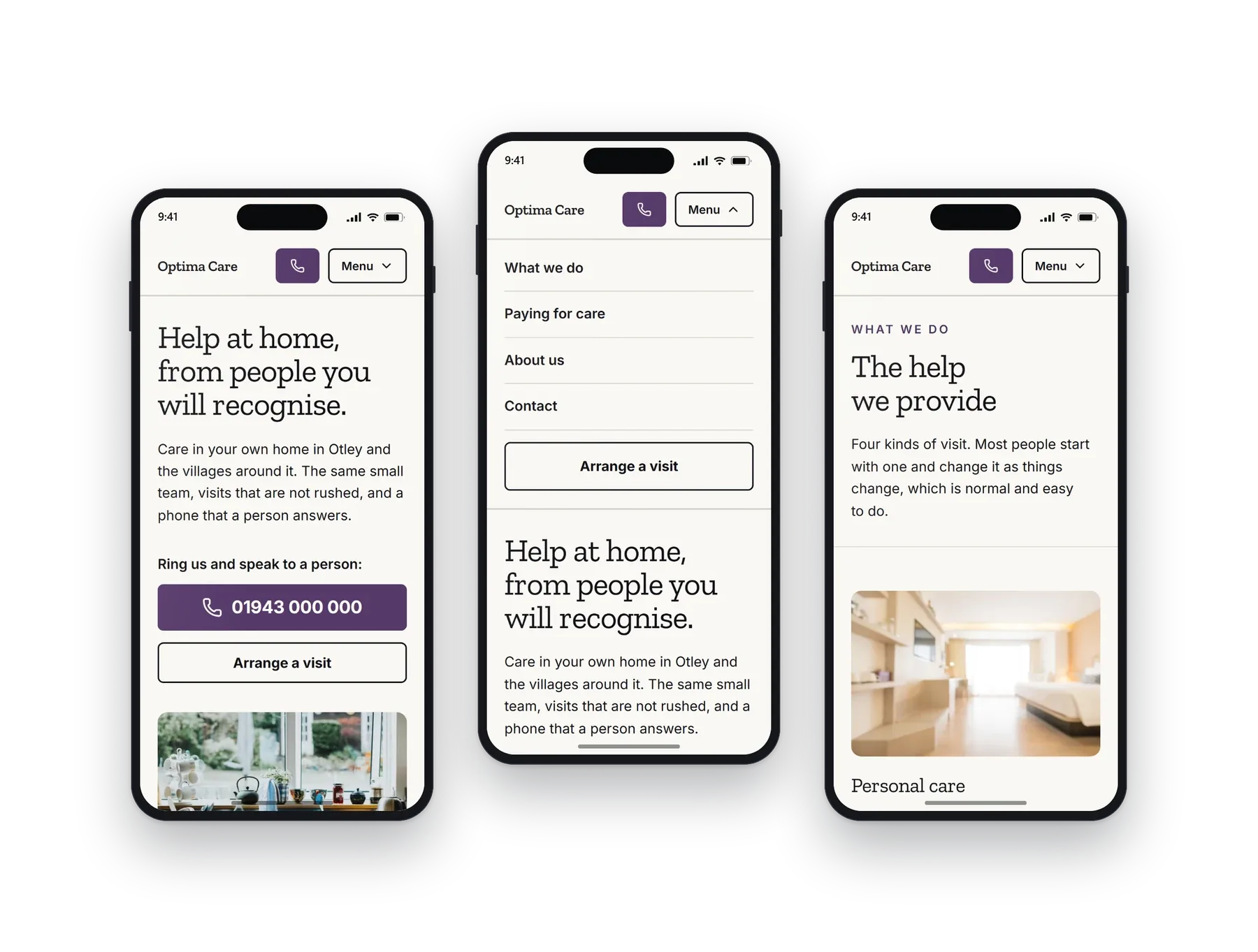 The Optima care at home build on a phone: the home screen, the menu open, and a second page