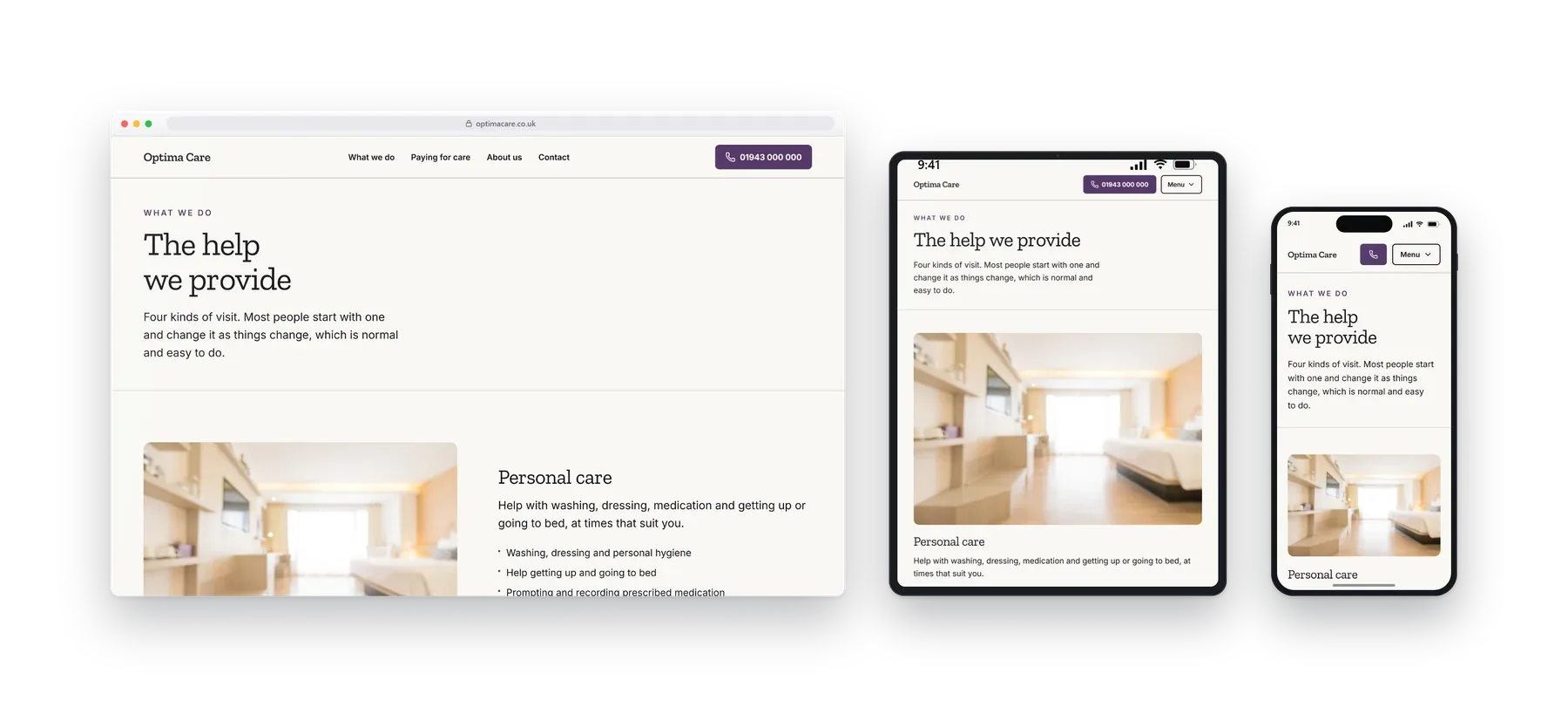 An inner page of the Optima care at home build shown on a desktop, a tablet and a phone