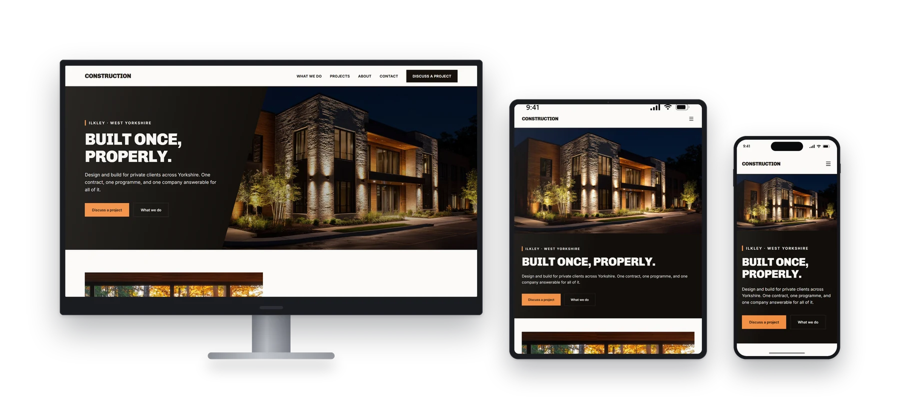 An Optima build for a builder, shown on a desktop monitor, a tablet and a phone