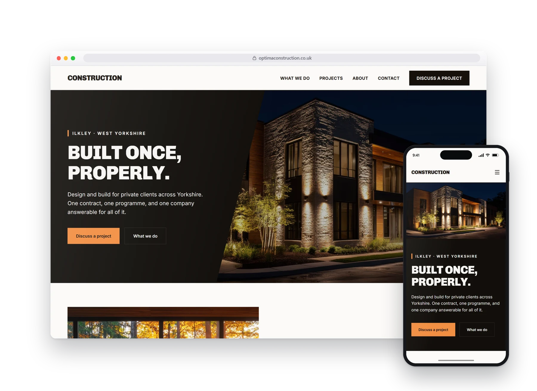 The homepage of the Optima construction build, on a desktop browser with a phone beside it