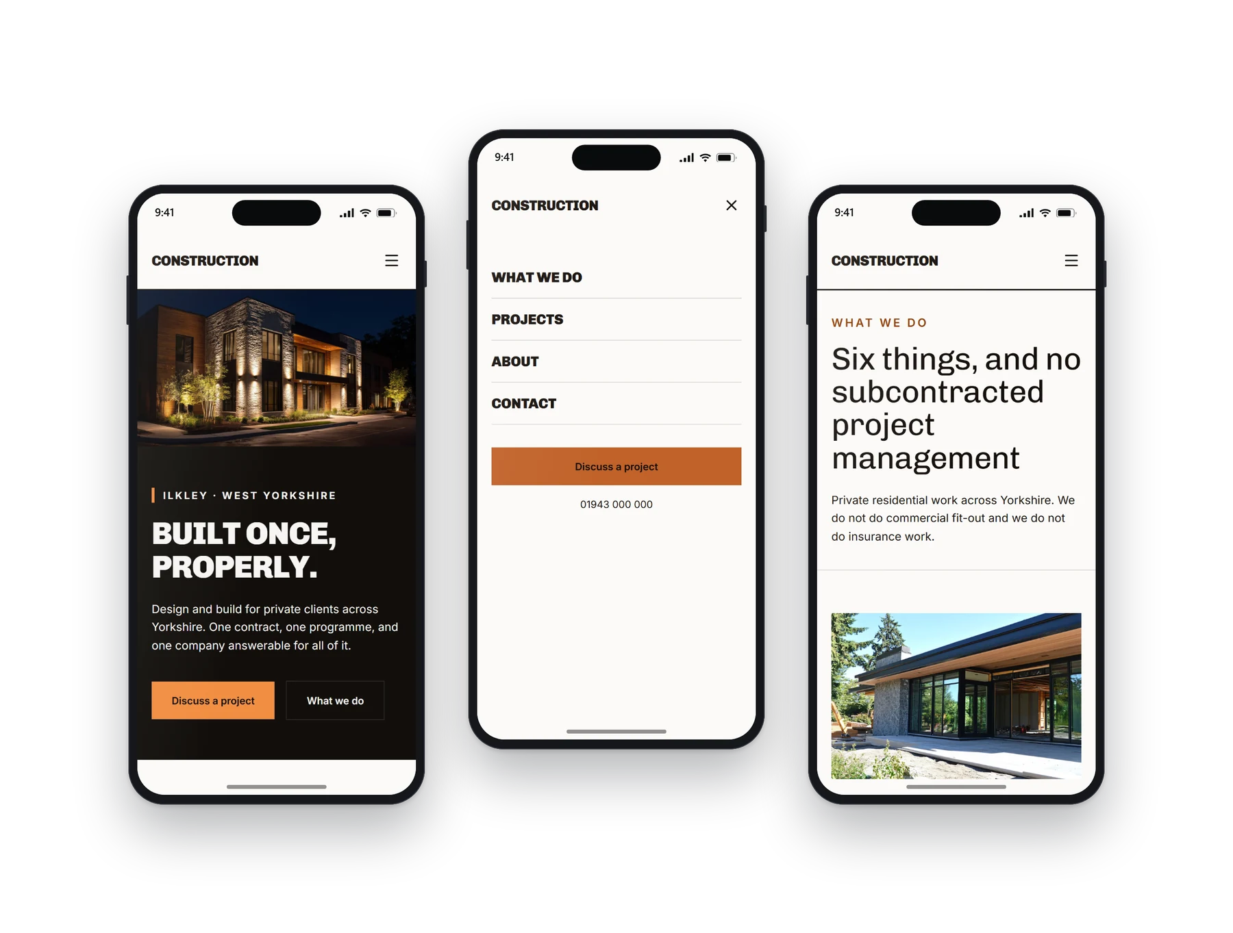 The Optima construction build on a phone: the home screen, the menu open, and a second page