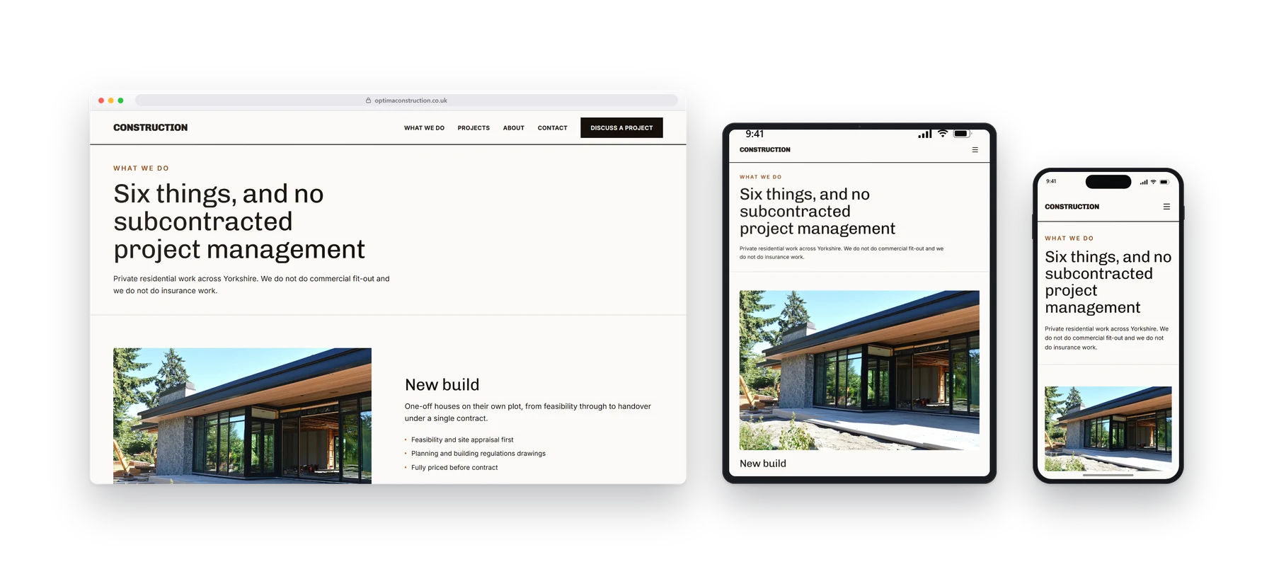 An inner page of the Optima construction build shown on a desktop, a tablet and a phone