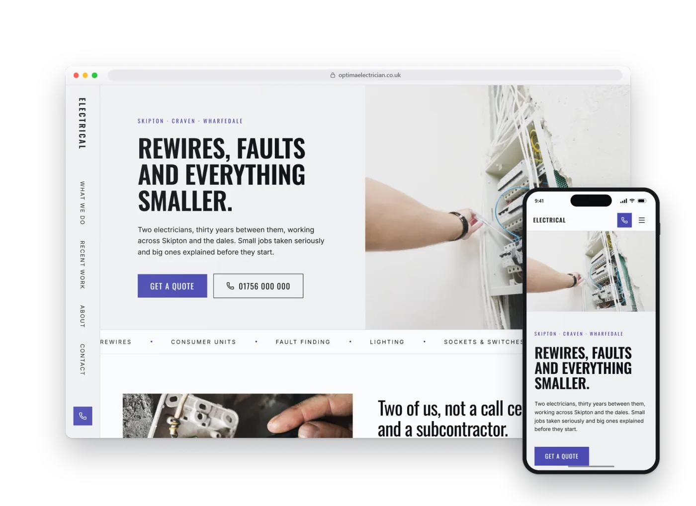 The Optima preview build for electricians, shown on a desktop browser and a phone