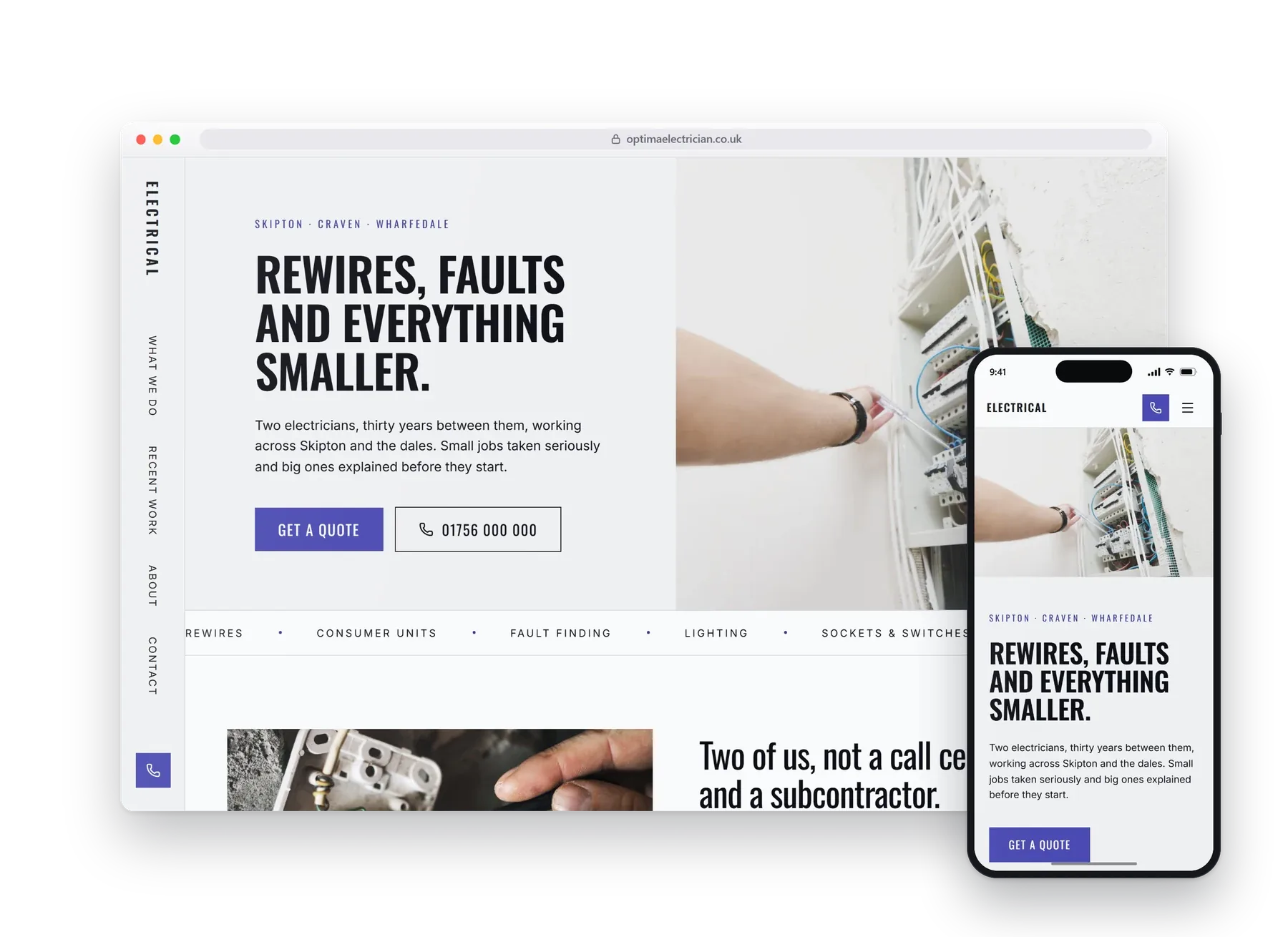 The homepage of the Optima electricians build, on a desktop browser with a phone beside it