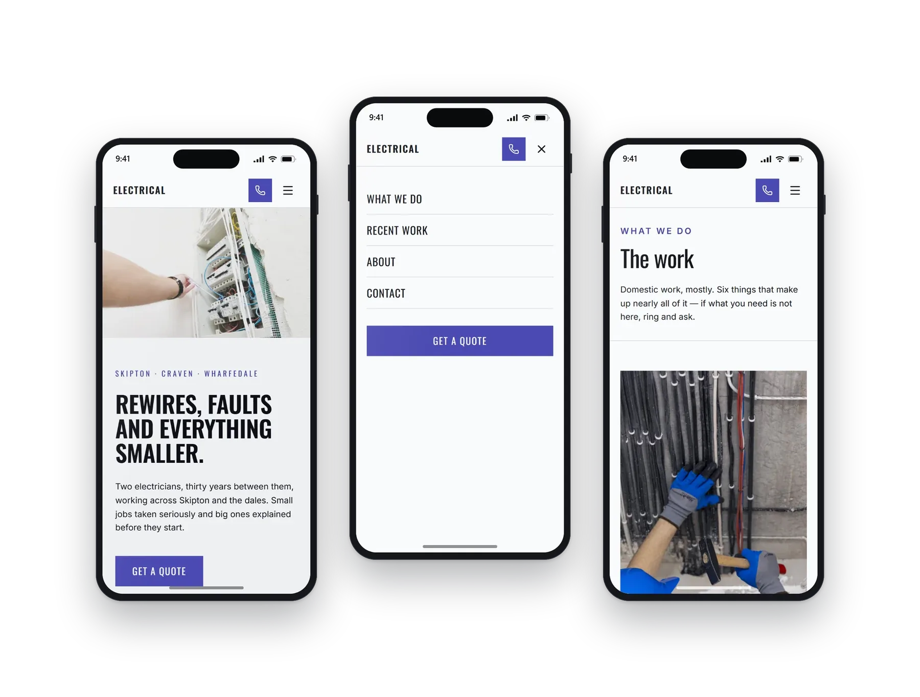 The Optima electricians build on a phone: the home screen, the menu open, and a second page