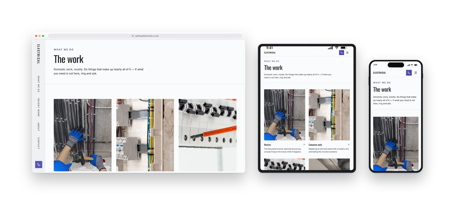 An inner page of the Optima electricians build shown on a desktop, a tablet and a phone