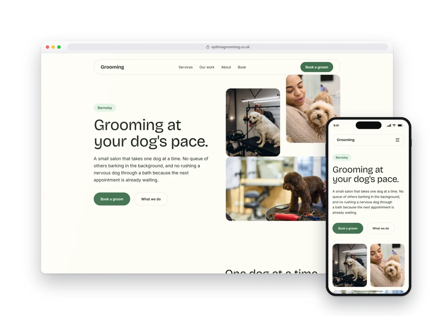 The Optima preview build for pet grooming, shown on a desktop browser and a phone