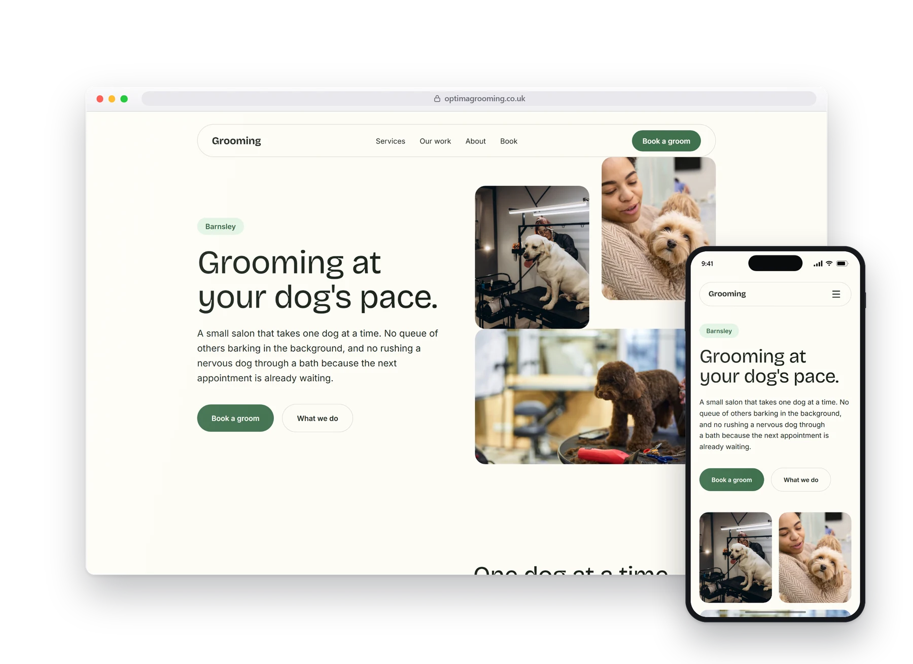 The homepage of the Optima pet grooming build, on a desktop browser with a phone beside it