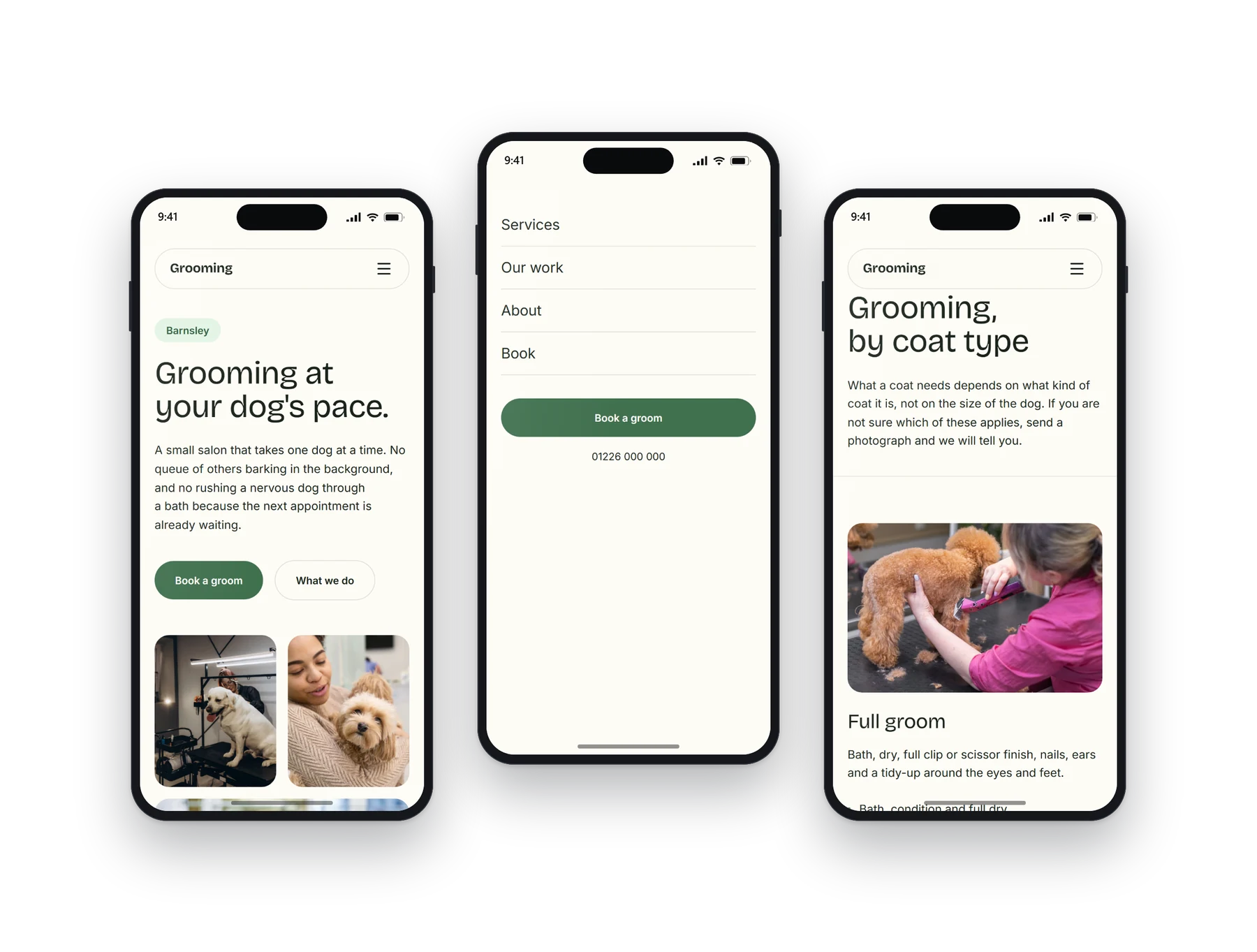 The Optima pet grooming build on a phone: the home screen, the menu open, and a second page