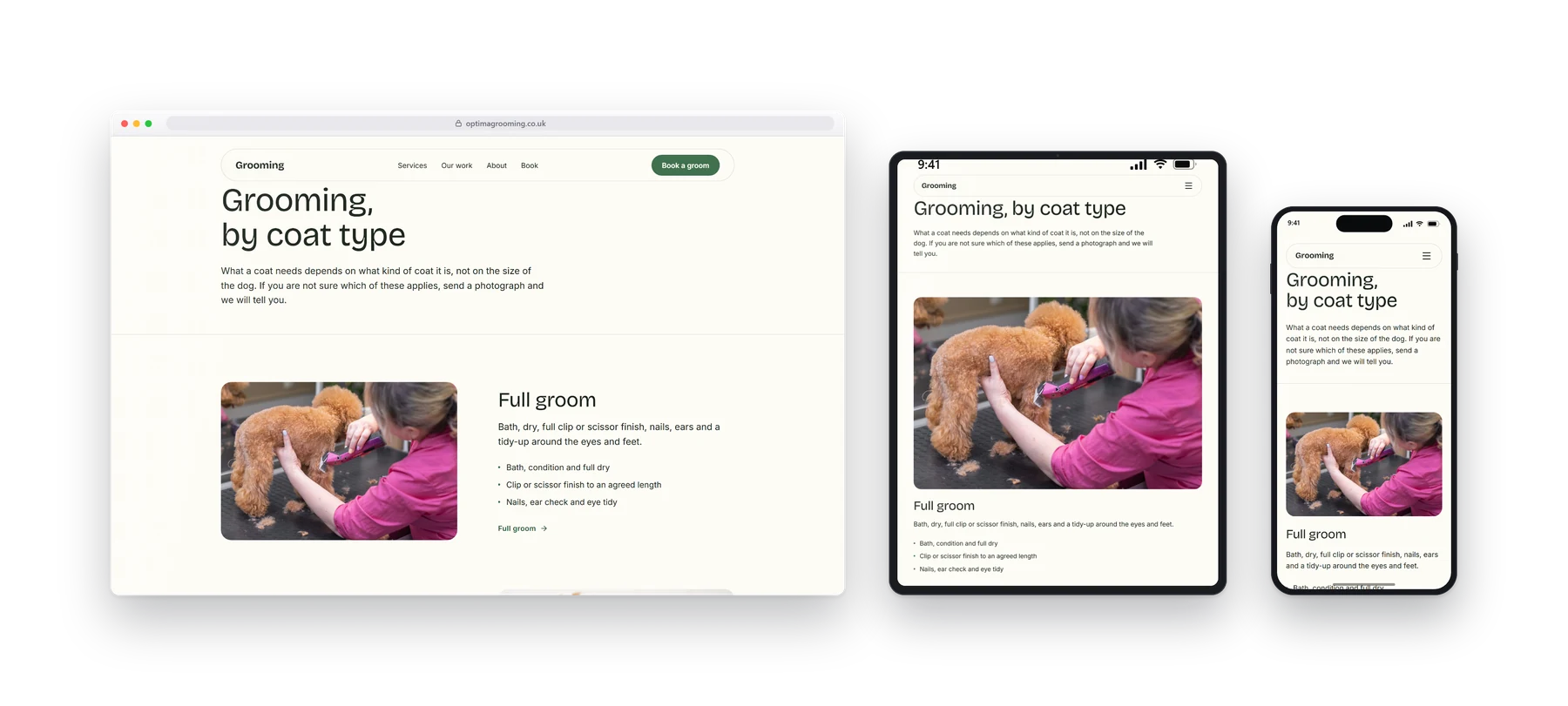 An inner page of the Optima pet grooming build shown on a desktop, a tablet and a phone