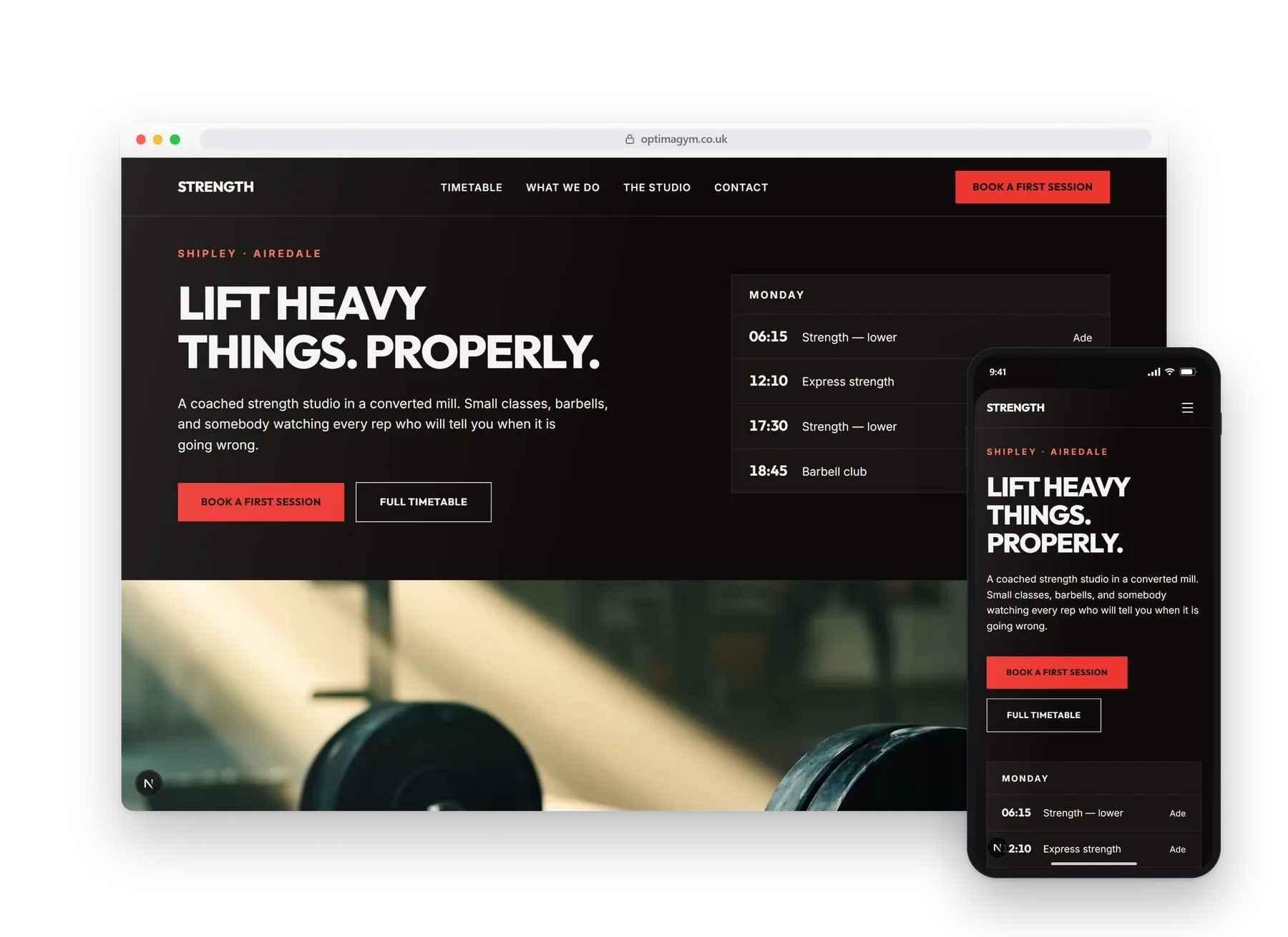 The homepage of the Optima gyms build, on a desktop browser with a phone beside it