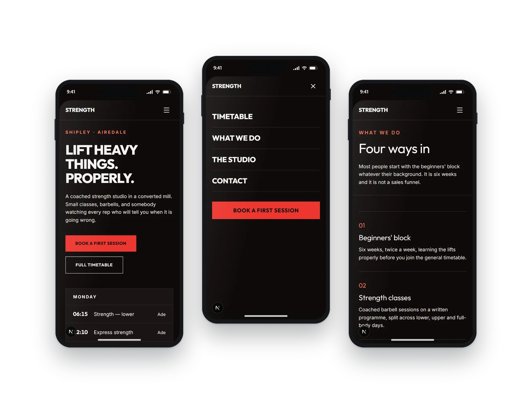 The Optima gyms build on a phone: the home screen, the menu open, and a second page