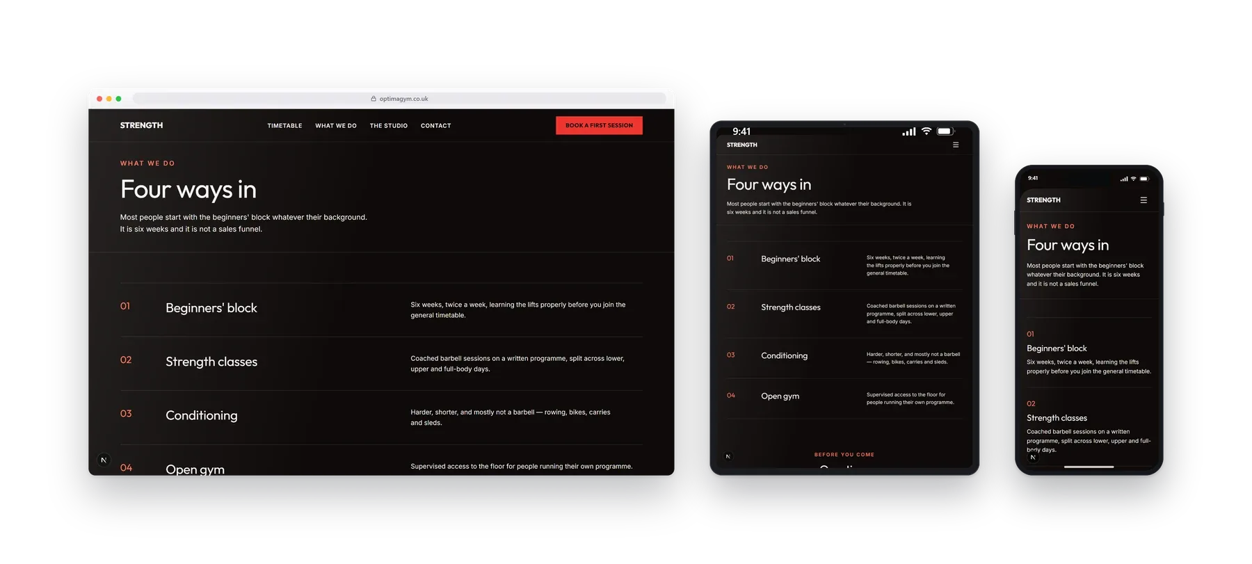 An inner page of the Optima gyms build shown on a desktop, a tablet and a phone