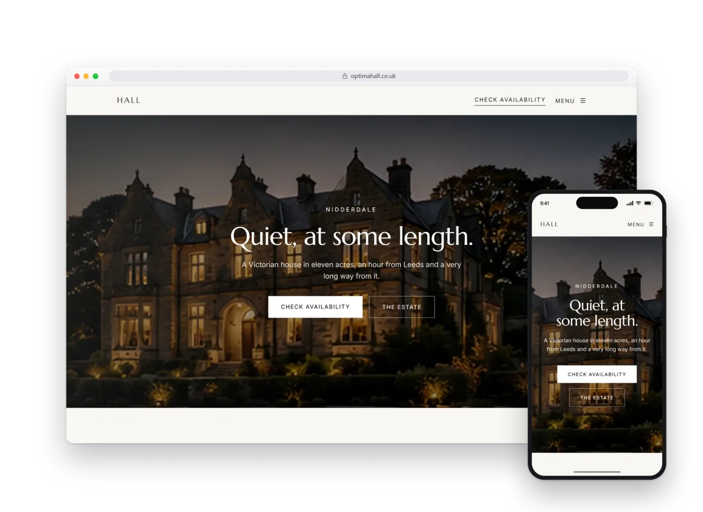 The Optima preview build for venues & halls, shown on a desktop browser and a phone
