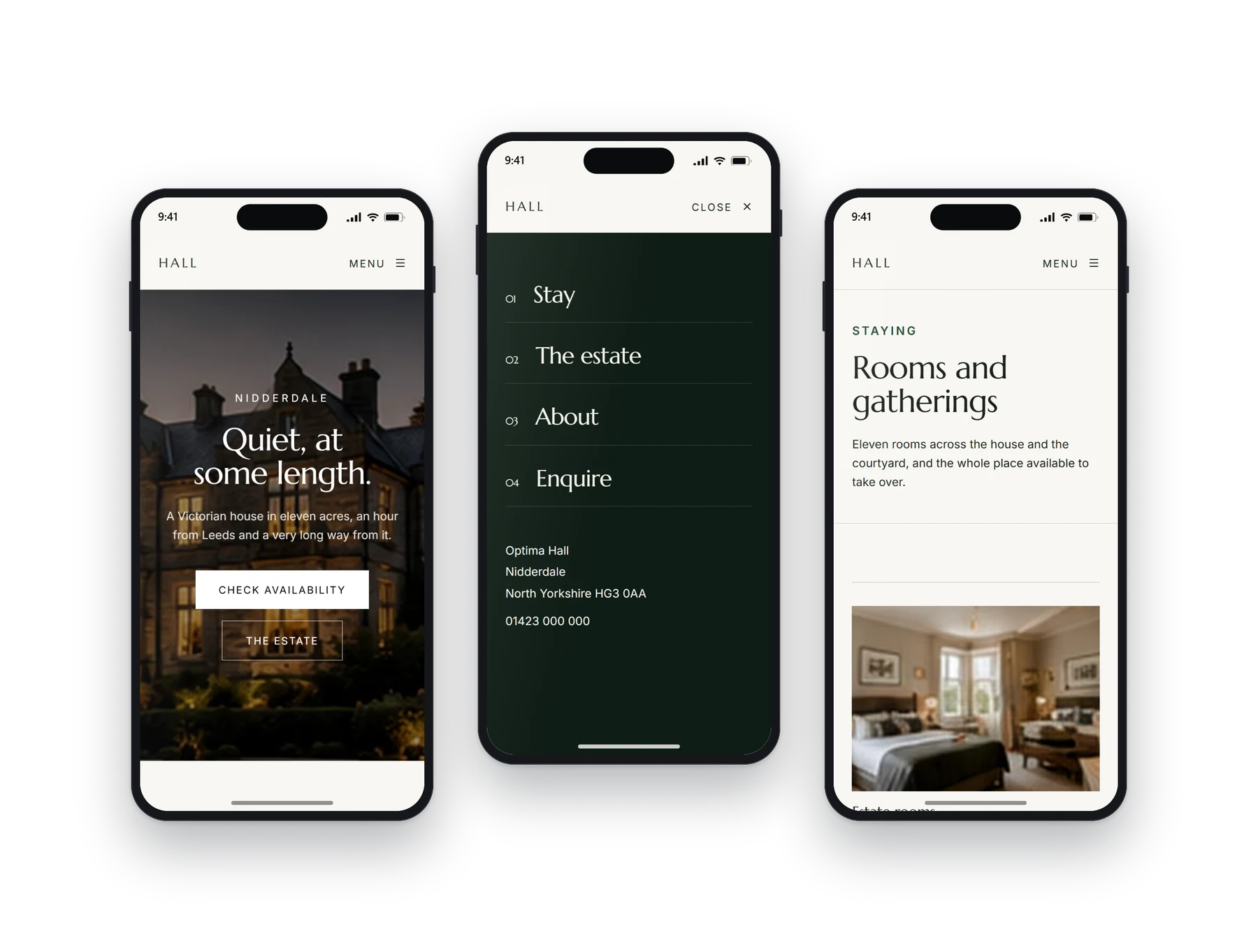 The Optima venues & halls build on a phone: the home screen, the menu open, and a second page