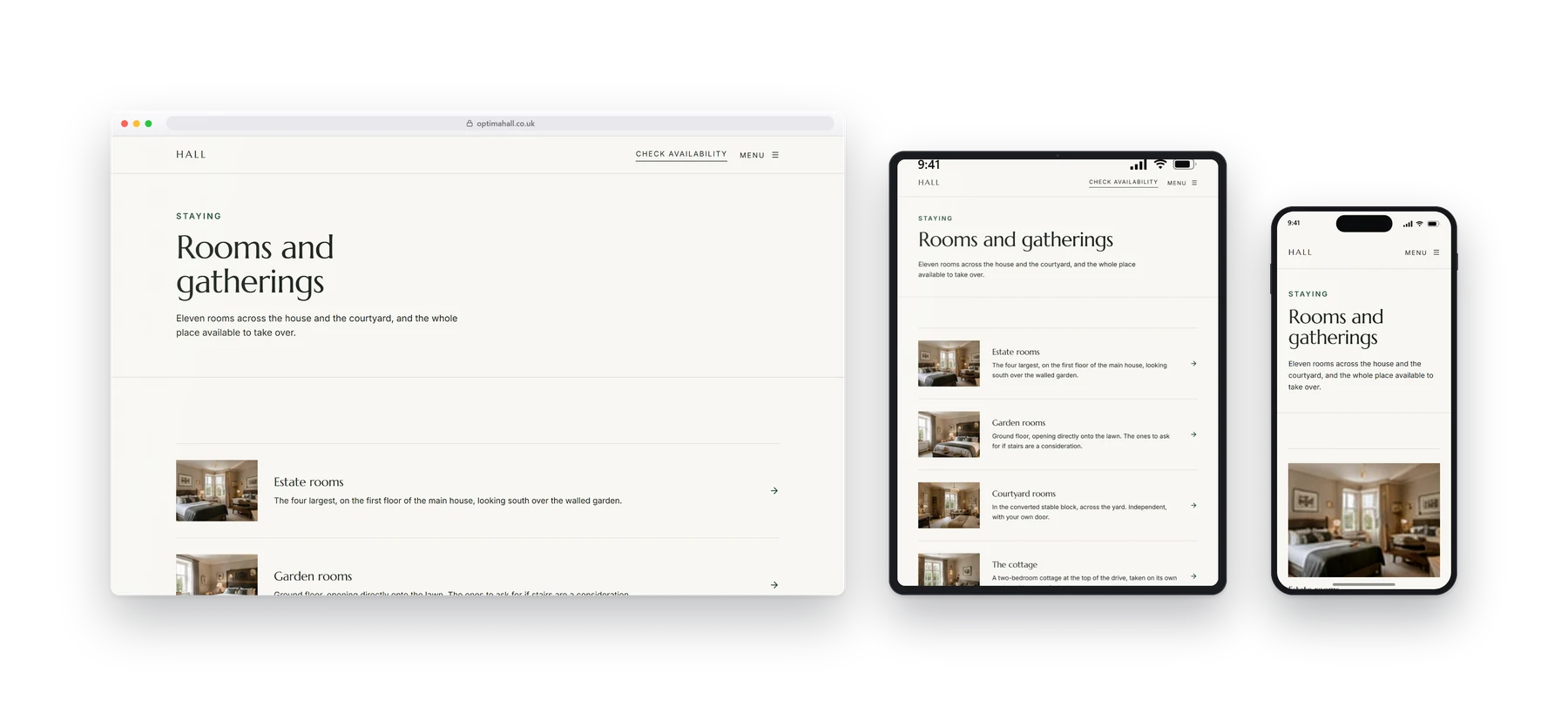 An inner page of the Optima venues & halls build shown on a desktop, a tablet and a phone