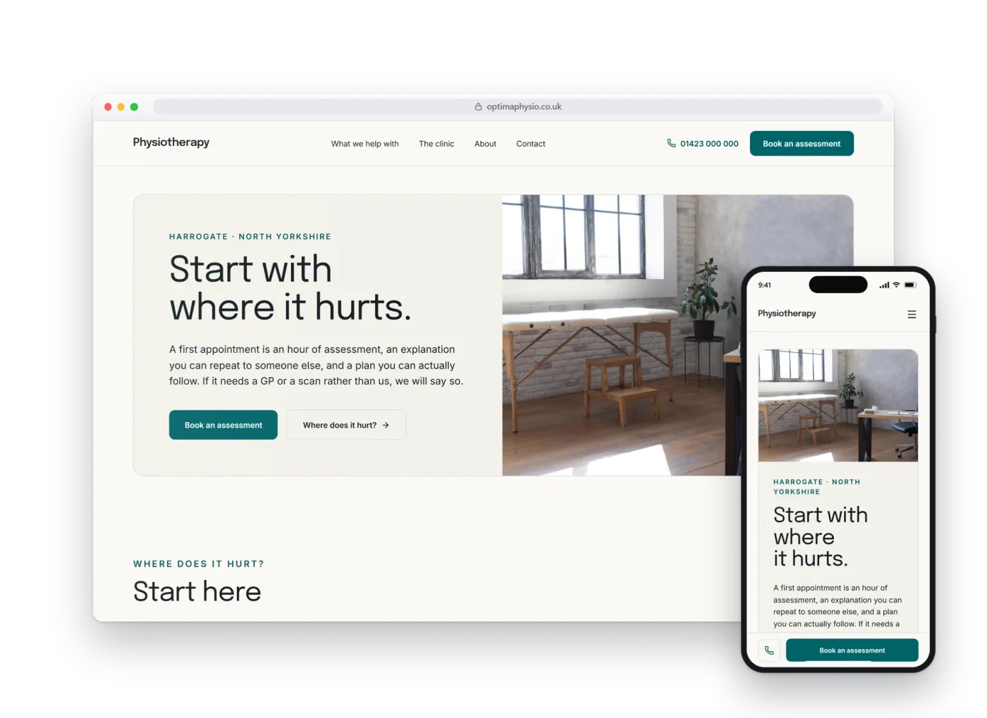 The Optima preview build for physiotherapy, shown on a desktop browser and a phone