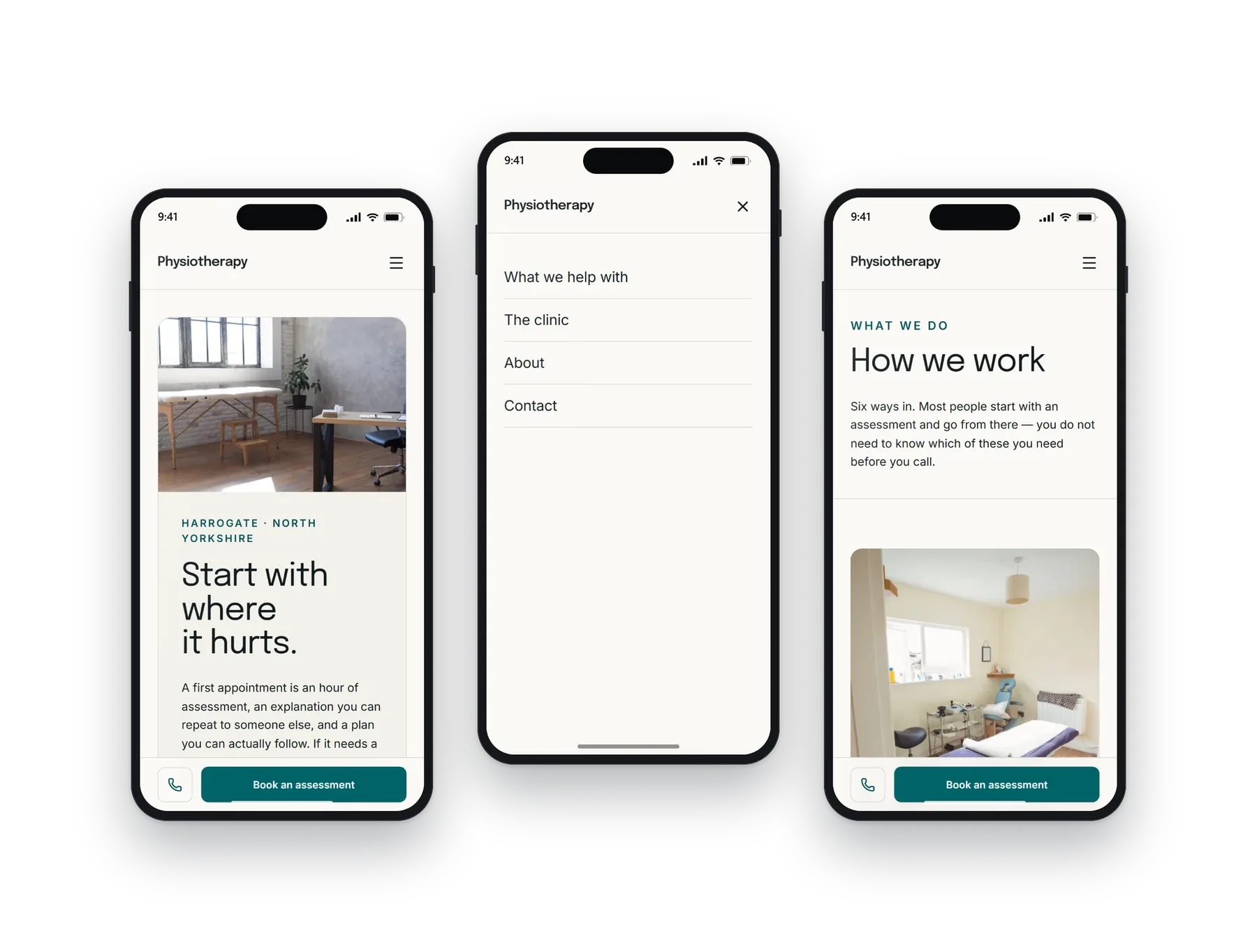 The Optima physiotherapy build on a phone: the home screen, the menu open, and a second page