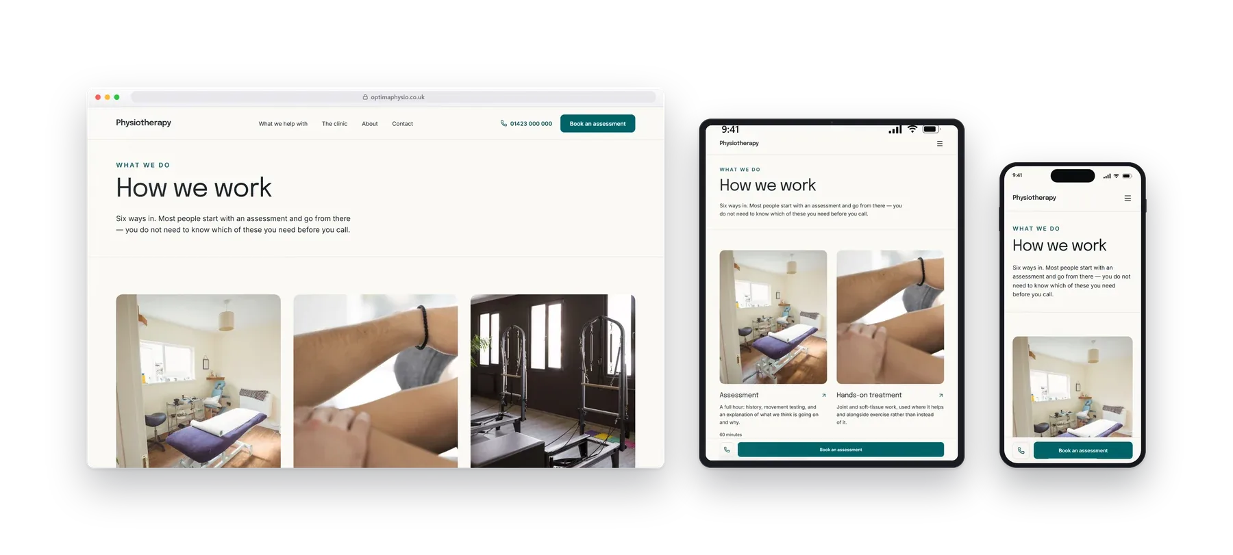 An inner page of the Optima physiotherapy build shown on a desktop, a tablet and a phone