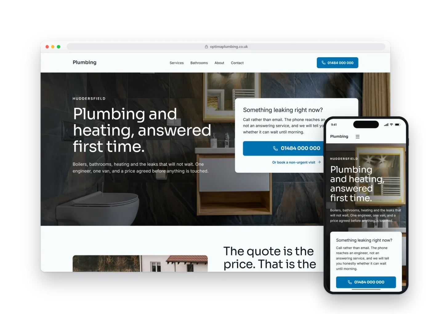 The Optima preview build for plumbing & heating, shown on a desktop browser and a phone