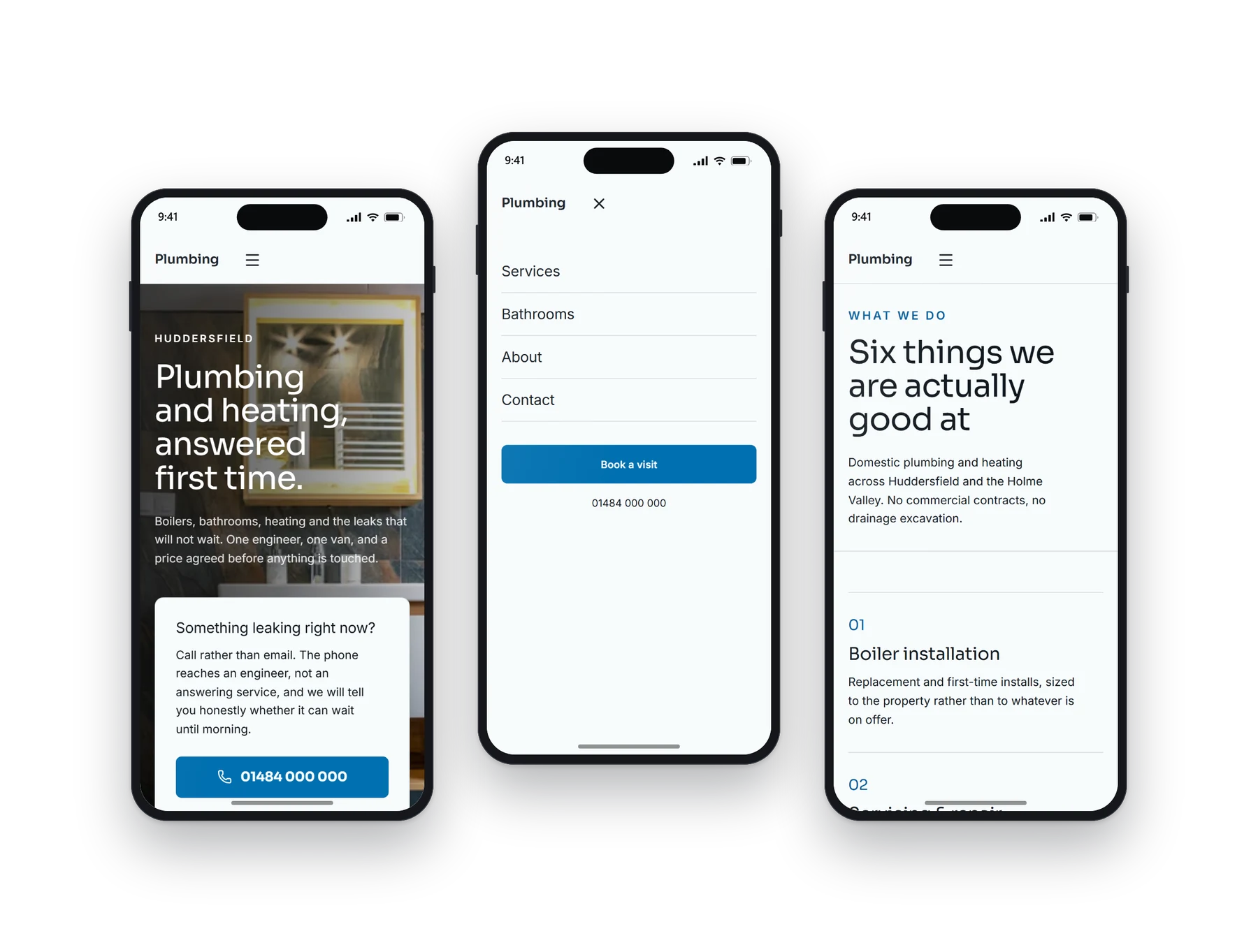 The Optima plumbing & heating build on a phone: the home screen, the menu open, and a second page