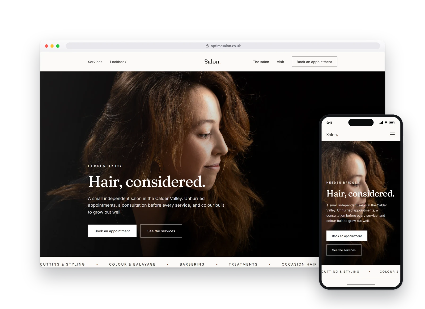 The homepage of the Optima salons build, on a desktop browser with a phone beside it
