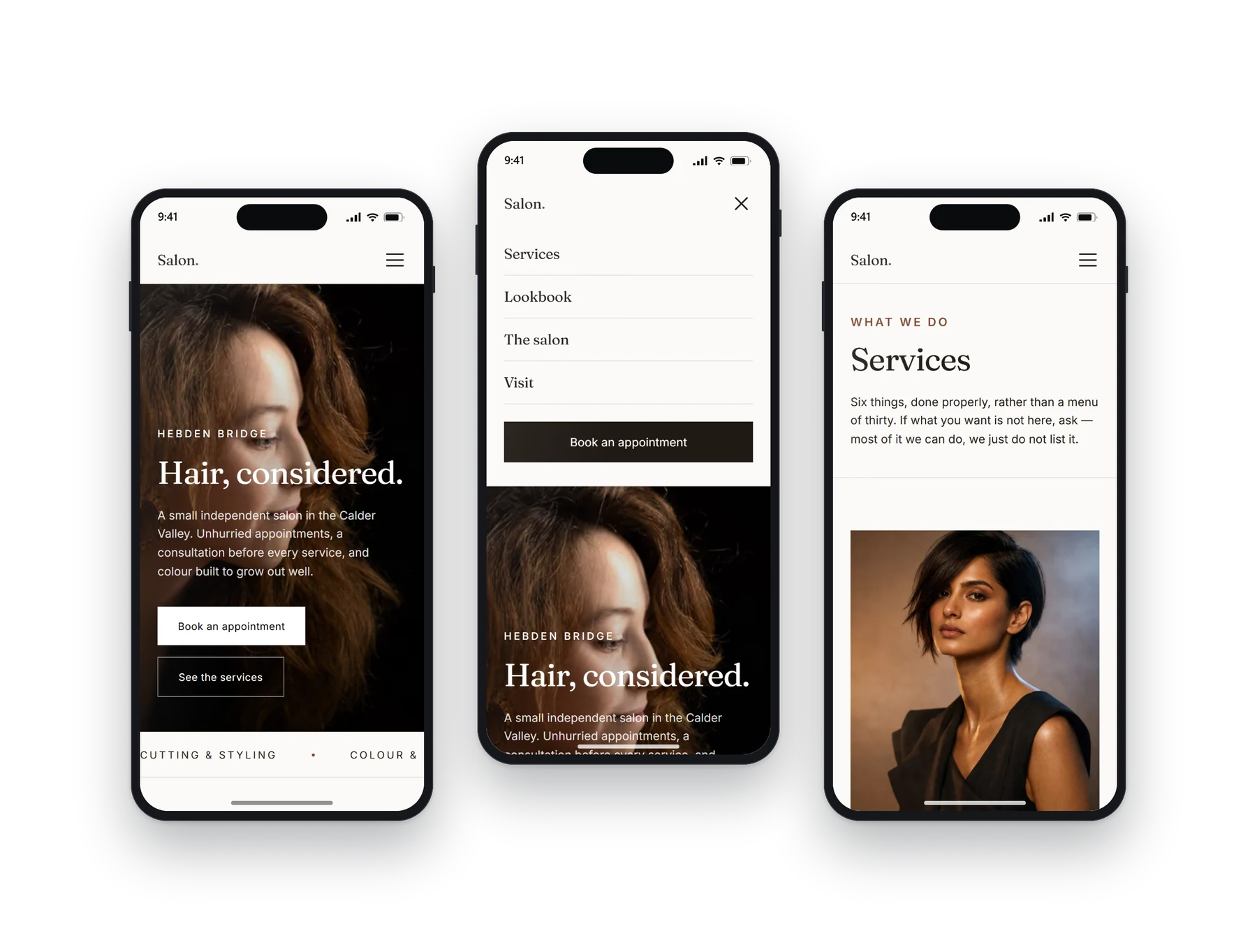 The Optima salons build on a phone: the home screen, the menu open, and a second page