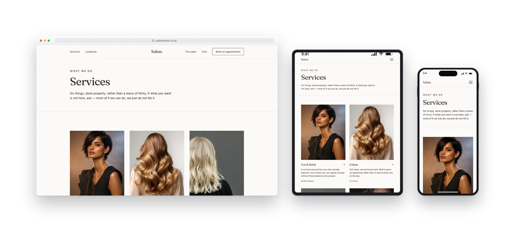 An inner page of the Optima salons build shown on a desktop, a tablet and a phone