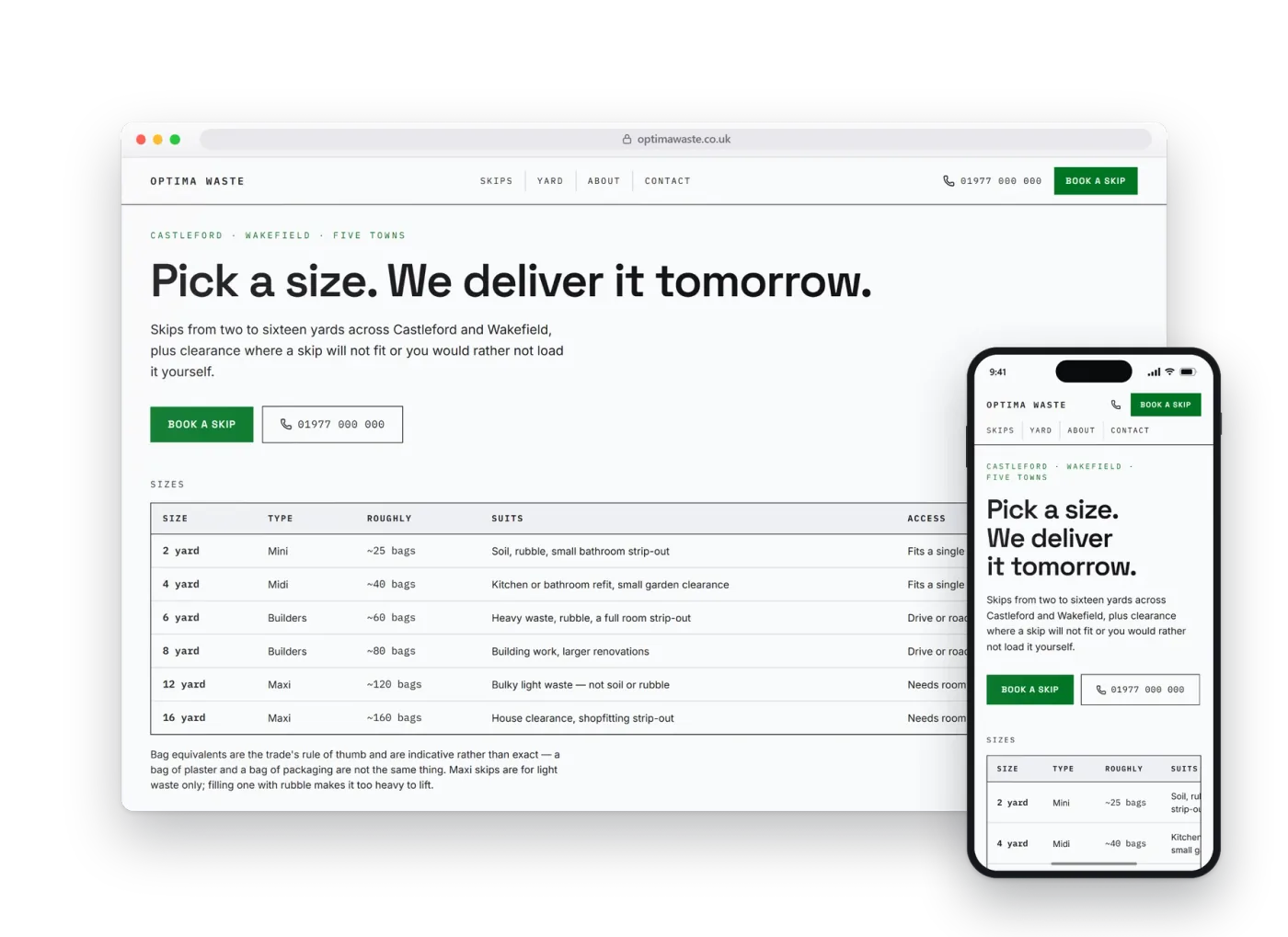 The Optima preview build for skip hire & clearance, shown on a desktop browser and a phone
