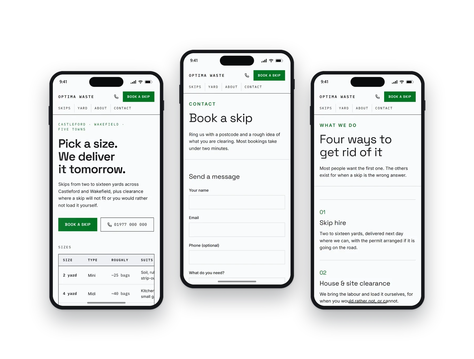 The Optima skip hire & clearance build on a phone: the home screen, the menu open, and a second page