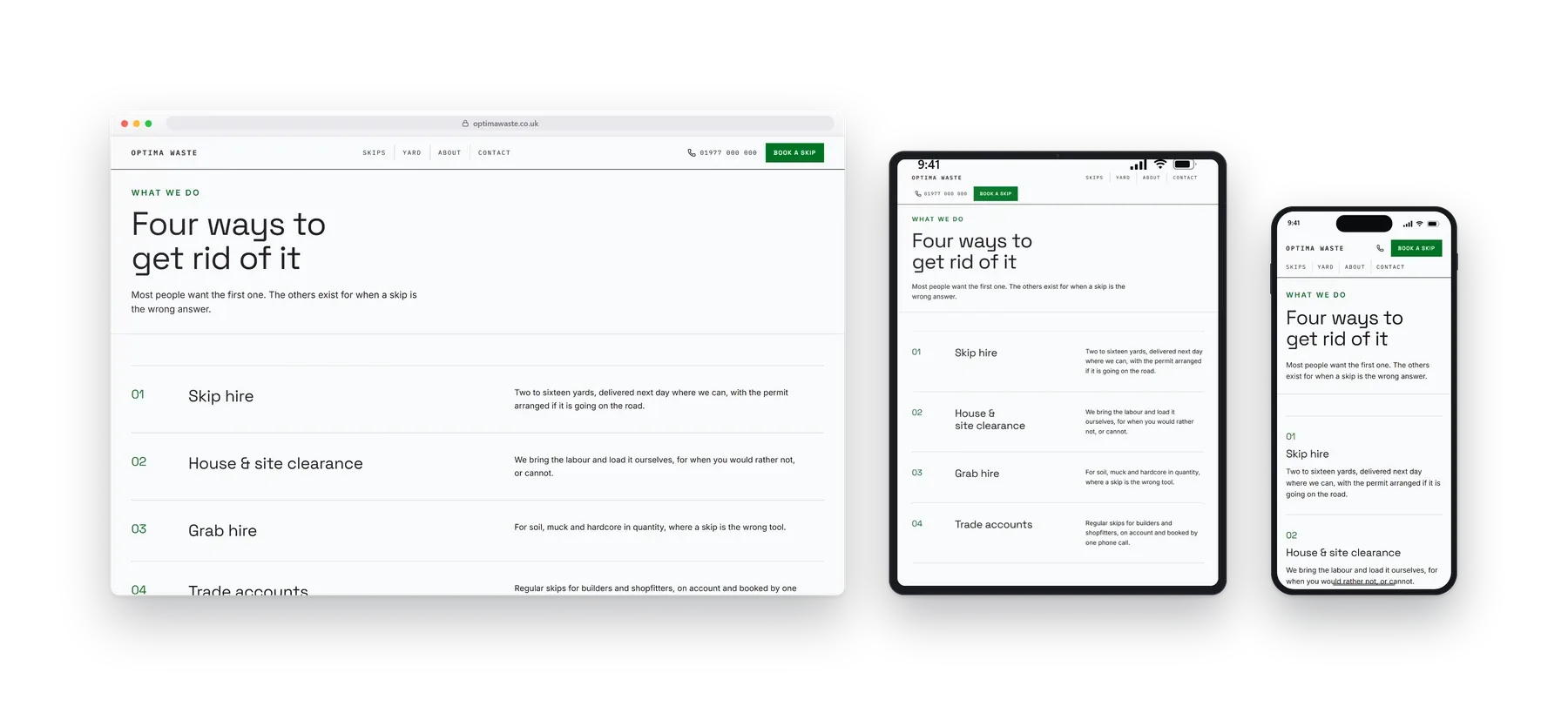An inner page of the Optima skip hire & clearance build shown on a desktop, a tablet and a phone