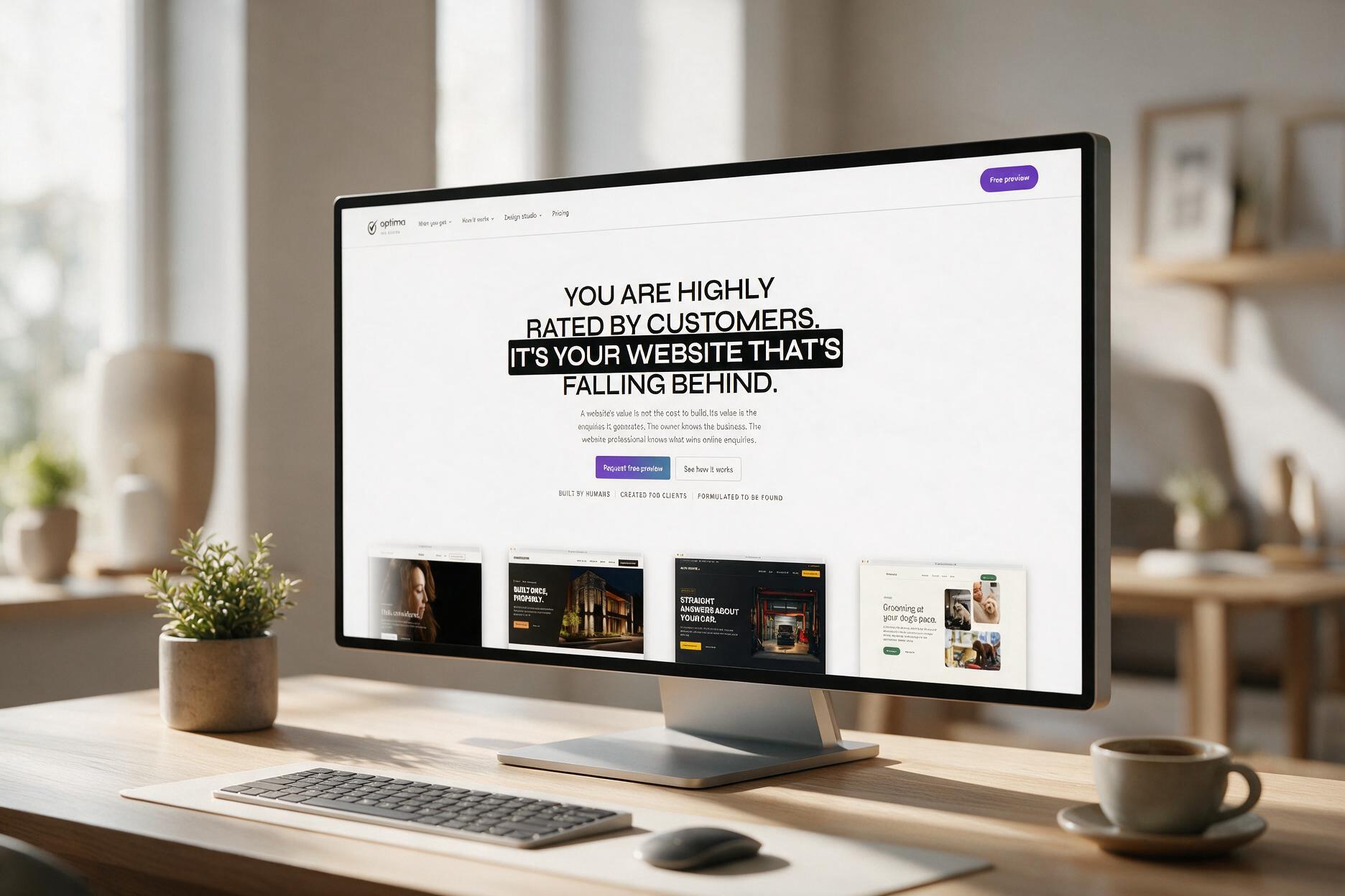 The Optima Web Design homepage shown on a desktop monitor in a bright, minimal studio workspace
