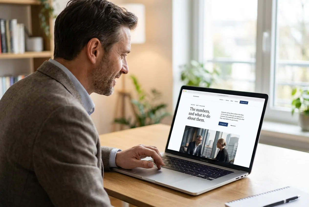 A business owner at a laptop reviewing the modern website Optima has built for their accountancy practice